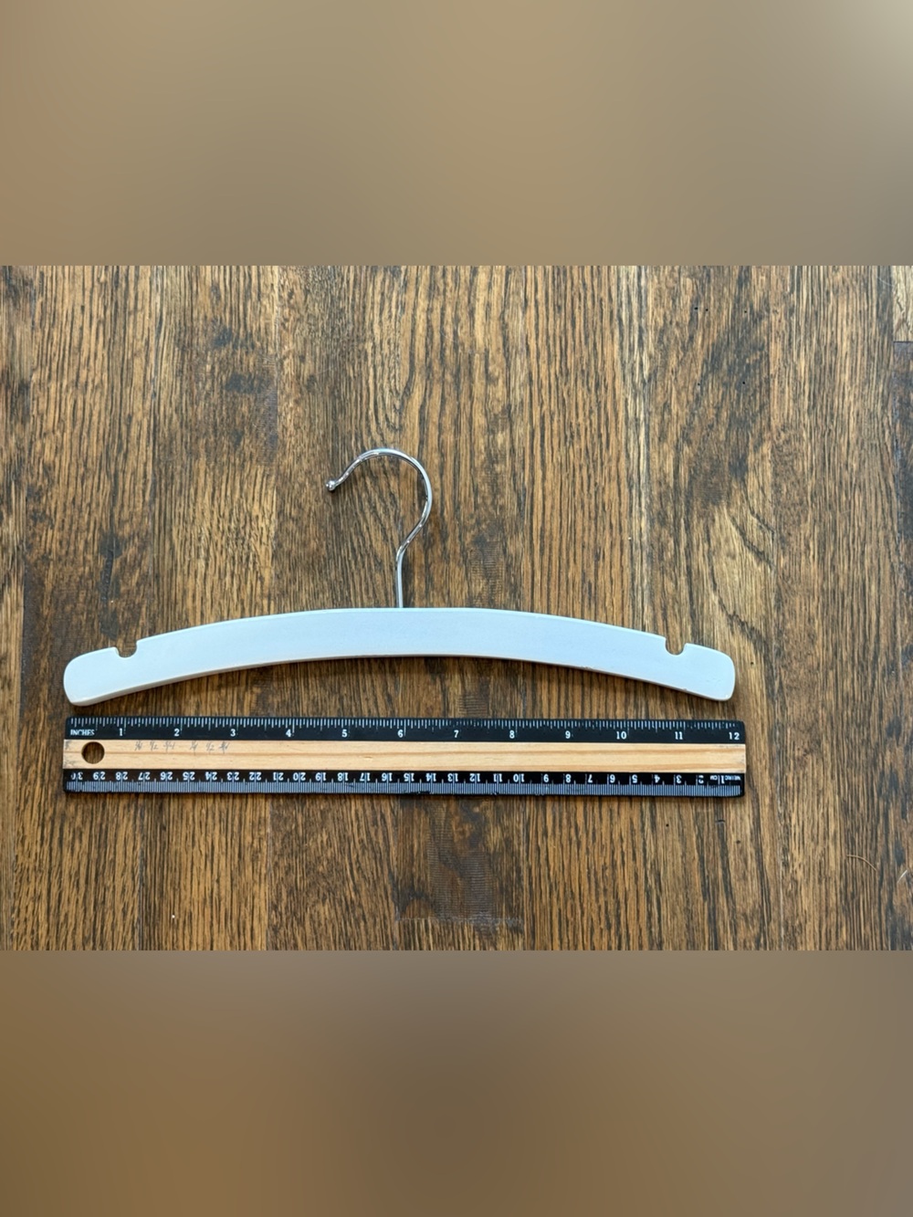 17- 12” Kids White Wooden Curved Pants Hanger with Metal Hook